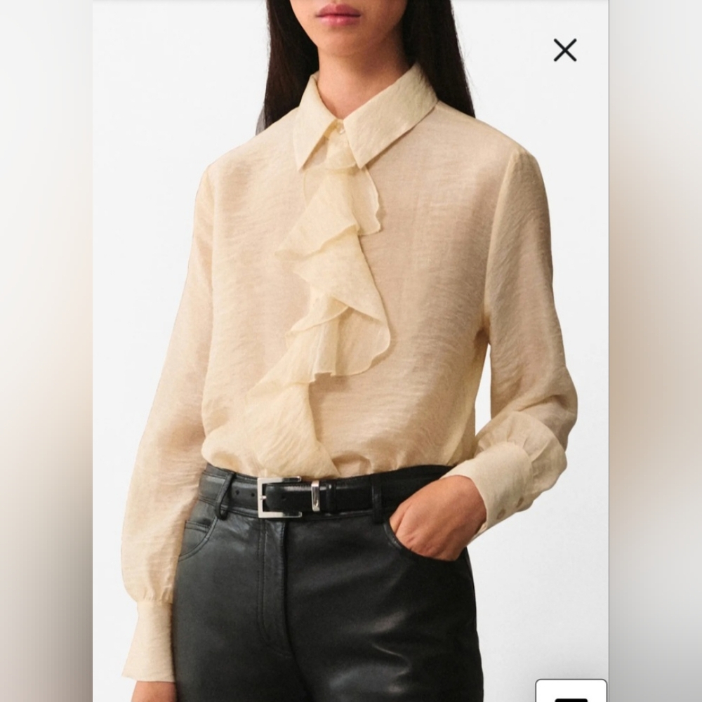 Mango NWT Flying Camisa Button-Up Cascading Poet Ruffle Top Size Large In Ecru